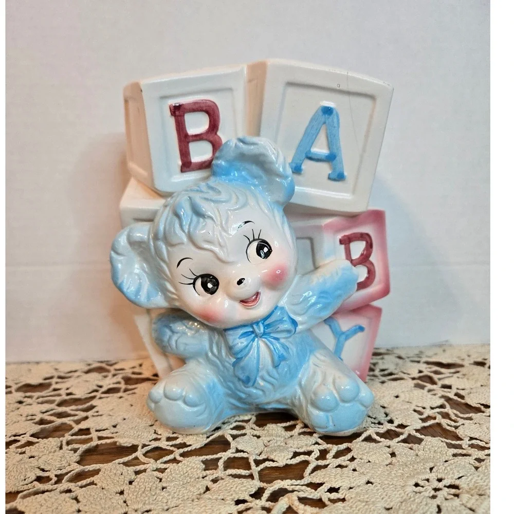 Vintage Baby Bear Planter‎ Nursery Decor Blue White ABC Blocks Unbranded